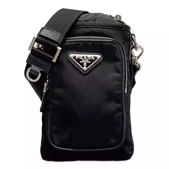 100% Authentic PRADA Re-Nylon Smart Phone Case Black Nylon Leather Shoulder Bag - Picture 1 of 14